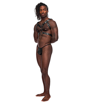 Male Power Leather Gemini Double Ring Harness Black O/S - Image 4