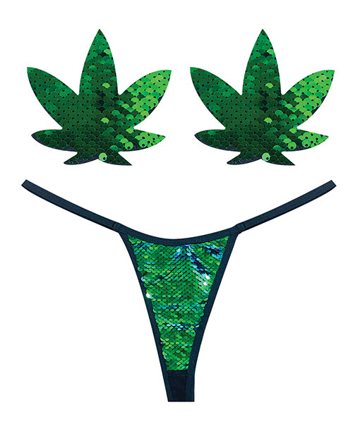 Neva Nude Neva Nude Naughty Knix Weed Leaf Sequin G-String &amp; Pasties - Green O/S