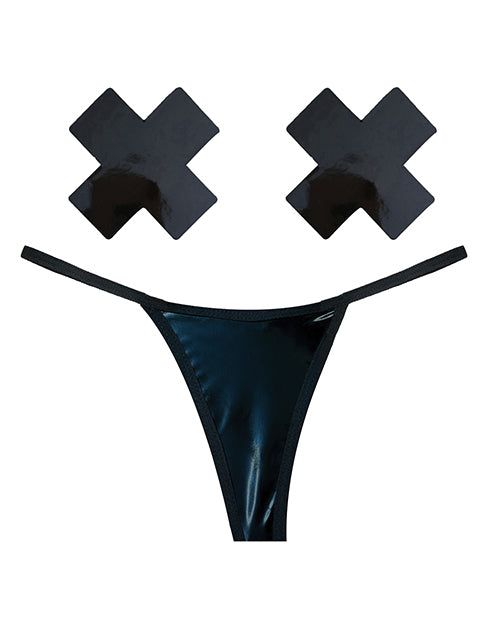 Neva Nude Neva Nude Naughty Knix Dom Squad Wet Vinyl G-String &amp; Pasties - Black O/S