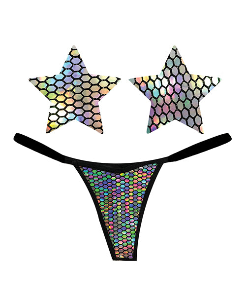 Neva Nude Neva Nude Naughty Knix Mirrored Mayhem Holographic G-String &amp; Pasties - Black O/S