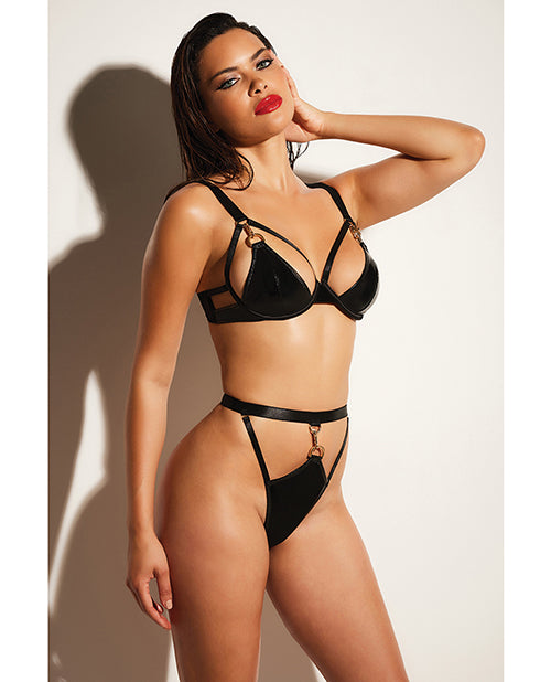Fetish by Oh la la Cheri FETISH Excitement Unlined Underwire Vinyl Bra &amp; Panty w/D-Ring &amp; Metal Clasp Black SM