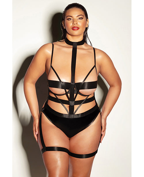 Fetish by Oh la la Cheri FETISH Lethal Underwire Peek A Boo Vinyl Teddy w/Choker Black 1X