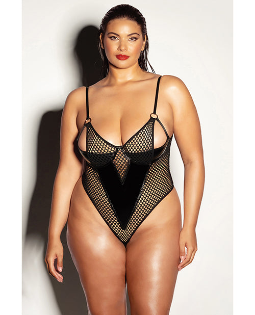 Fetish by Oh la la Cheri FETISH Frisky Fishnet &amp; Vinyl Shelf Cup Peek A Boo Teddy Black 1X