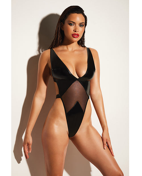 Fetish by Oh la la Cheri FETISH Limitless Soft Cup High Leg Vinyl &amp; Mesh Teddy Black L/XL