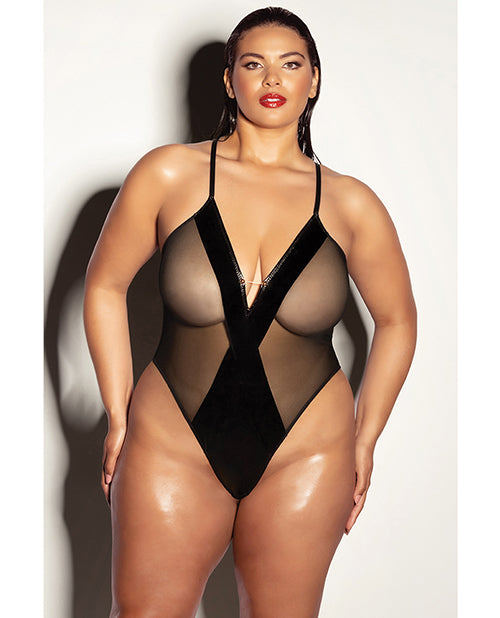 Fetish by Oh la la Cheri FETISH Finesse Soft Cup Vinyl &amp; Mesh Teddy w/Barbell Black 1X/2X