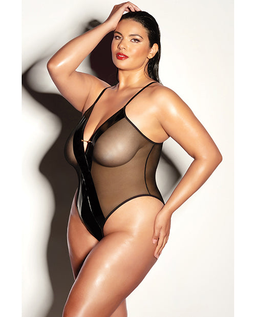 Fetish by Oh la la Cheri FETISH Finesse Soft Cup Vinyl &amp; Mesh Teddy w/Barbell Black 1X/2X - Image 2