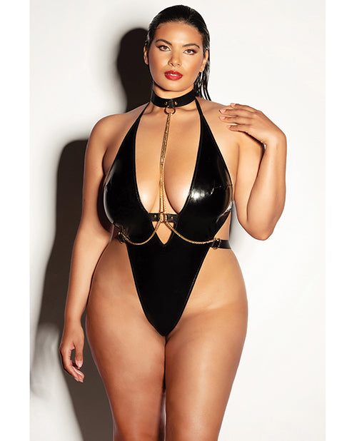 Fetish by Oh la la Cheri FETISH Submissive V-Plunge Vinyl Teddy w/Removable Chain Harness &amp; Hand Cuff Black 1X/2X