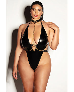Fetish by Oh la la Cheri FETISH Submissive V-Plunge Vinyl Teddy w/Removable Chain Harness &amp; Hand Cuff Black 1X/2X