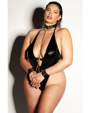 Fetish by Oh la la Cheri FETISH Submissive V-Plunge Vinyl Teddy w/Removable Chain Harness &amp; Hand Cuff Black 1X/2X - Image
