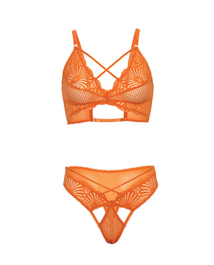 Oh La La Cheri Amina Scallop Lace &amp; Mesh Bralette w/Panty 2 pc Set - Dragon Fire Orange L/XL