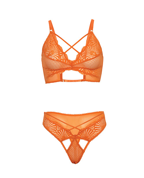 Oh La La Cheri Amina Scallop Lace &amp; Mesh Bralette w/Panty 2 pc Set - Dragon Fire Orange L/XL