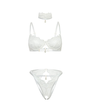Oh La La Cheri Pearla Lace Underwire Bra &amp; Open Back Panty w/Matching Collar 3 pc Set - White L/XL - Image 4