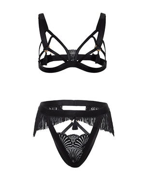 Annika Open Cup 2 pc Set w/Fringe and Tassel Detail - Black L/XL - Image 4