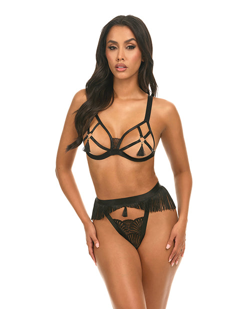 Oh La La Cheri Annika Open Cup 2 pc Set w/Fringe and Tassel Detail - Black S/M