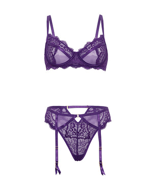 Oh La La Cheri Margo Lace &amp; Mesh Underwire Bra w/Gartered Panty 2 pc Set - Imperial Purple L/XL - Image 4
