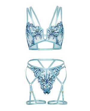 Oh La La Cheri Emilia Floral Embroidered 2 pc Set w/Strapping Details &amp; Attached Double Garter - Blue LG - Image 5
