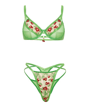 Oh La La Cheri Cheri Underwire Embroidered 2 pc Set w/Cherry Charm Details - Neon Green SM - Image 5