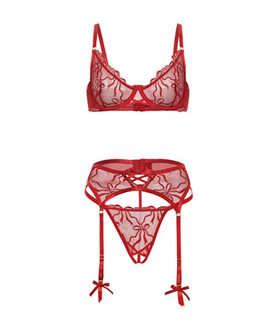 Mariah Embroidered Lace and Mesh Underwire Bra w/Garter & G-String 3 pc Set - Burgundy LG - Image 5