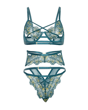 Oh La La Cheri Daphne Lace Underwire 3 pc Set w/Embroidered Trim &amp; Crossing Elastics - Blue MD - Image 4