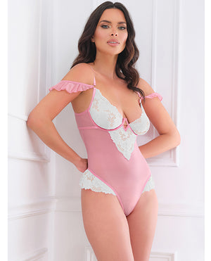 Oh La La Cheri Cassandra Lace &amp; Mesh Teddy w/Ruffle Details - Pink &amp; White LG - Image 4