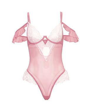 Oh La La Cheri Cassandra Lace &amp; Mesh Teddy w/Ruffle Details - Pink &amp; White MD - Image 4