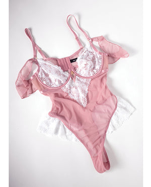 Oh La La Cheri Cassandra Lace &amp; Mesh Teddy w/Ruffle Details - Pink &amp; White MD - Image 5
