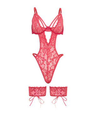 Oh La La Cheri Genesis Lace Underwire Teddy w/Lace Garter Stays - Raspberry L/XL - Image 5