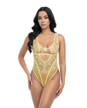 Oh La La Cheri Tiana Scallop Lace &amp; Mesh Underwire Teddy - Pale Banana S/M