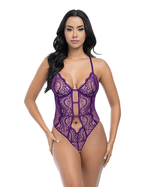 Oh La La Cheri Carmen Lace &amp; Mesh Underwire Crotchless Teddy - Imperial Purple L/XL