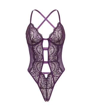 Oh La La Cheri Carmen Lace &amp; Mesh Underwire Crotchless Teddy - Imperial Purple S/M - Image 3