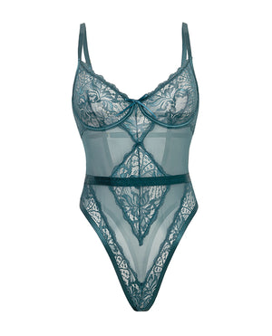 Oh La La Cheri Paisley Lace &amp; Mesh Teddy w/Bow Details - Turquoise 1X/2X - Image 4