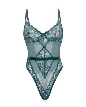 Oh La La Cheri Paisley Lace &amp; Mesh Teddy w/Bow Details - Turquoise S/M - Image 5