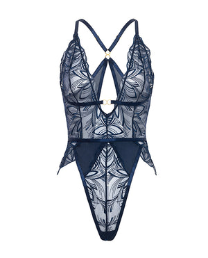 Davina V-Plunge Embroidered Teddy w/Double Ring Charm - Navy XL - Image 5