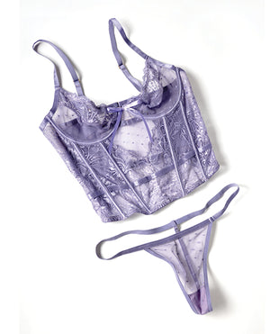 Oh La La Cheri Vanessa Lace &amp; Mesh Bustier w/G-String - Purple 1X/2X - Image 5