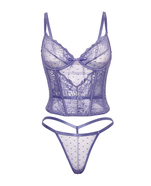 Oh La La Cheri Vanessa Lace &amp; Mesh Bustier w/G-String - Purple L/XL