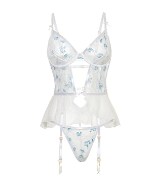 Oh La La Cheri Elena Floral Embroidered Bustier w/Ruffles &amp; Matching Panty - White LG - Image 5