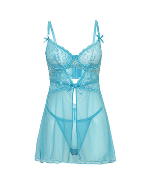 Oh La La Cheri Emma Floral Lace &amp; Mesh Underwire Babydoll w/G-String 2 pc Set - Beach Blue SM - Image 4