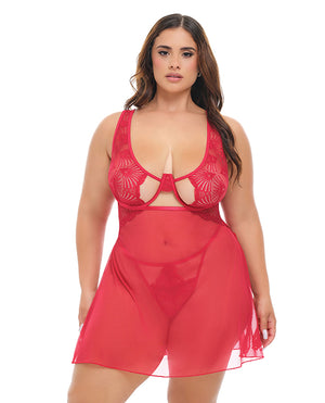Oh La La Cheri Tiana Lace Babydoll w/Side Slits &amp; Strap Details - Red 1X/2X - Image 3