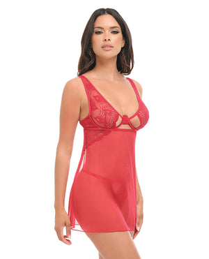 Oh La La Cheri Tiana Lace Babydoll w/Side Slits &amp; Strap Details - Red S/M - Image 2