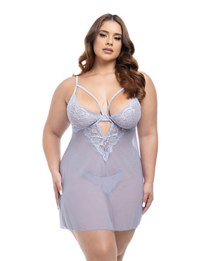 Oh La La Cheri Elsie Lace &amp; Mesh Underwire Babydoll w/G-String 2 pc Set - Brunnera Blue 1X/2X - Image 4
