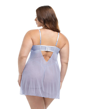 Oh La La Cheri Elsie Lace &amp; Mesh Underwire Babydoll w/G-String 2 pc Set - Brunnera Blue 1X/2X