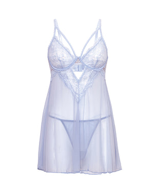 Oh La La Cheri Elsie Lace &amp; Mesh Underwire Babydoll w/G-String 2 pc Set - Brunnera Blue 1X/2X - Image 2