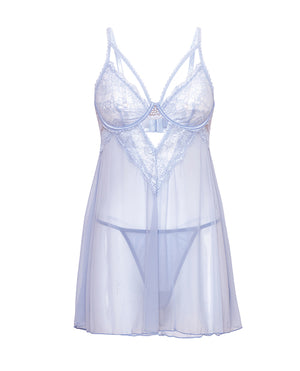 Oh La La Cheri Elsie Lace &amp; Mesh Underwire Babydoll w/G-String 2 pc Set - Brunnera Blue S/M