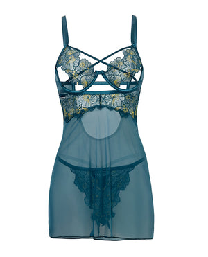 Oh La La Cheri Daphne Lace &amp; Mesh Babydoll w/Embroidered Details &amp; Crossing Elastics - Blue XL - Image 5