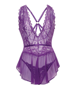Oh La La Cheri Harmony V-Plunge Lace &amp; Mesh Babydoll w/G-String - Purple L/XL - Image 5