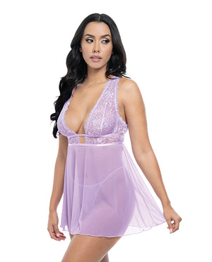 Oh La La Cheri Stassi Lace &amp; Mesh Babydoll w/G-String 2 pc Set - Lavender S/M - Image 2