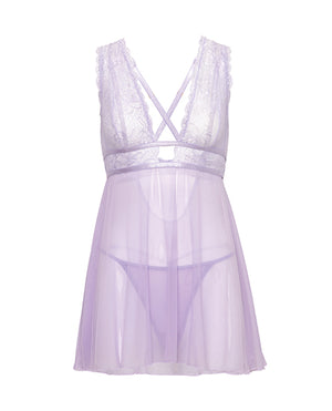 Oh La La Cheri Stassi Lace &amp; Mesh Babydoll w/G-String 2 pc Set - Lavender S/M - Image 4