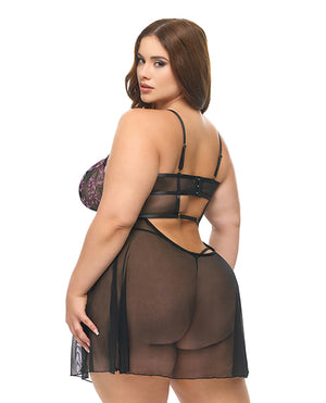 Oh La La Cheri Adela Embroidered Boned Lace and Mesh Babydoll w/G-String 2 pc Set - Black/Pink 2X - Image 3