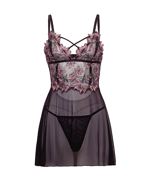 Oh La La Cheri Adela Embroidered Boned Lace and Mesh Babydoll w/G-String 2 pc Set - Black/Pink 2X