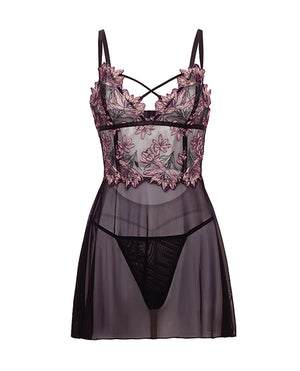 Oh La La Cheri Adela Embroidered Boned Lace and Mesh Babydoll w/G-String 2 pc Set - Black/Pink 2X